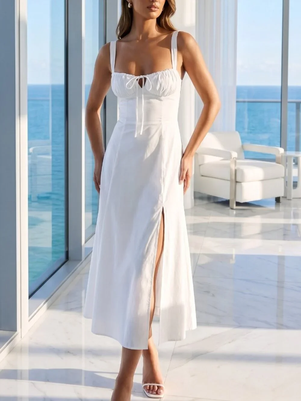 NWT REVOLVE Australia SHOWPO Maiya midi peasant dress side slit white US 6 - Picture 1 of 10